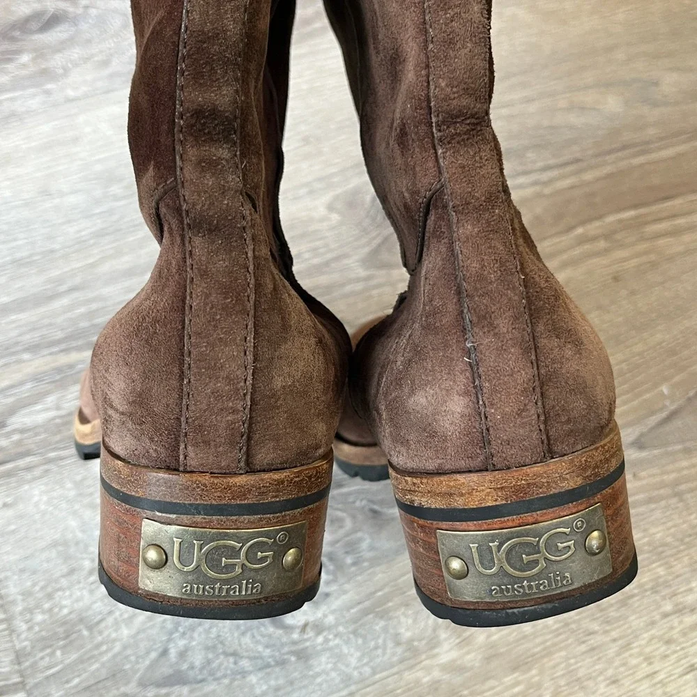 UGG Broome Zip Sundance Brown Suede Sheepskin Lined Tall Boot w/Care Kit Women 6